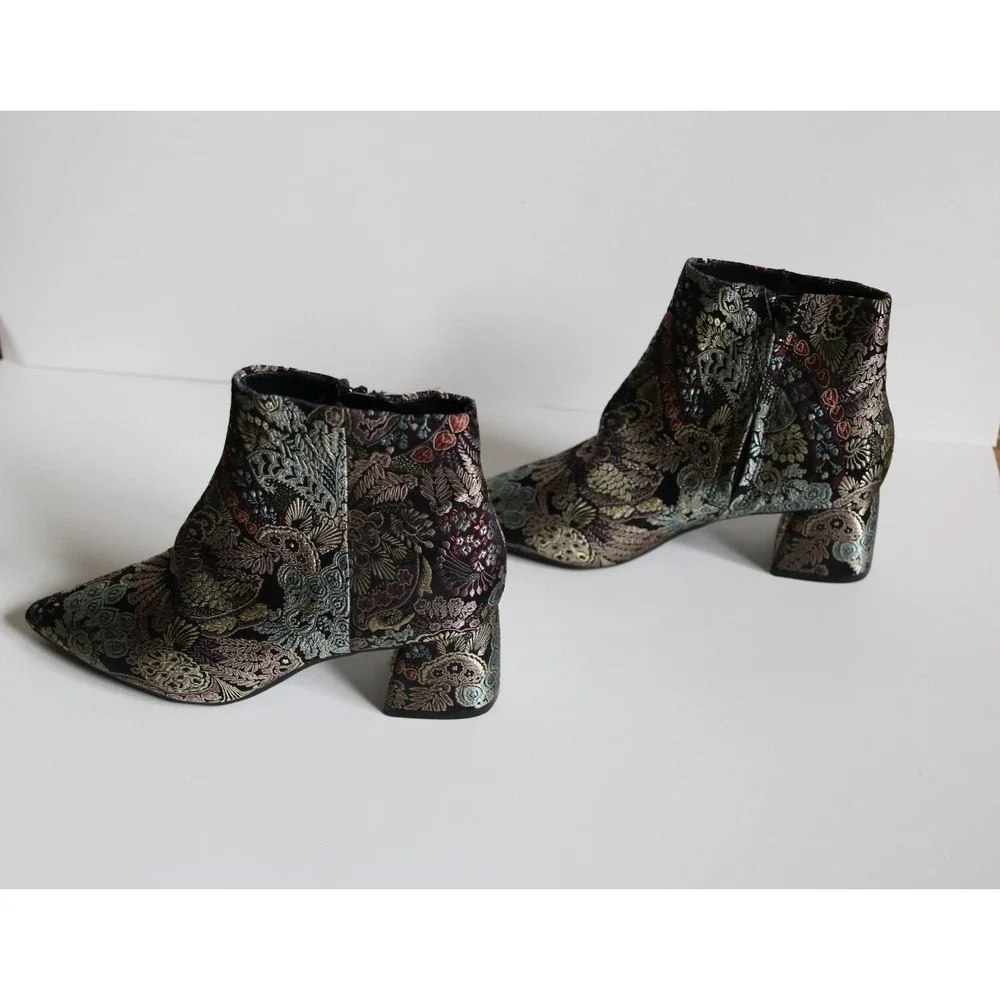 Alex Marie Jacquard Floral Black Multicolor Ankle Bootie Zip Pointed Toe Sz 7.5M
